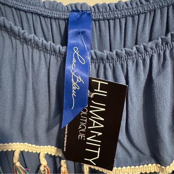 Blue Ruffled Off-Shoulder Romper with Bishop Sleeves - Picture 2 of 4